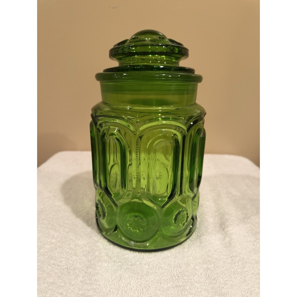 Vintage LE Smith Glass Green Moon & Stars Kitchen Canister W/Lid 9.5"